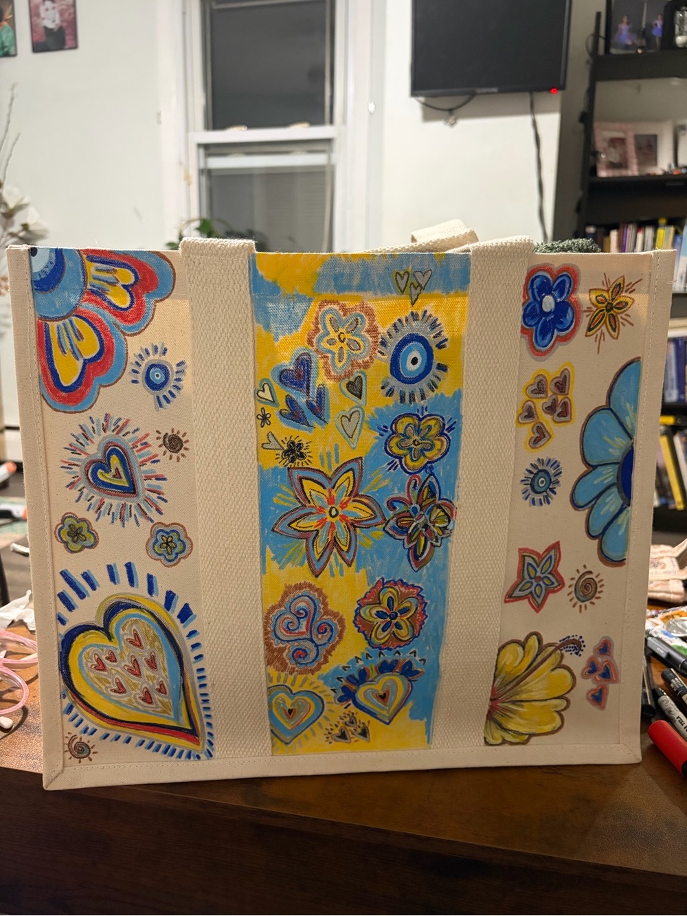 Hand-Painted Floral & Heart Canvas Tote - Bright Blues & Yellows